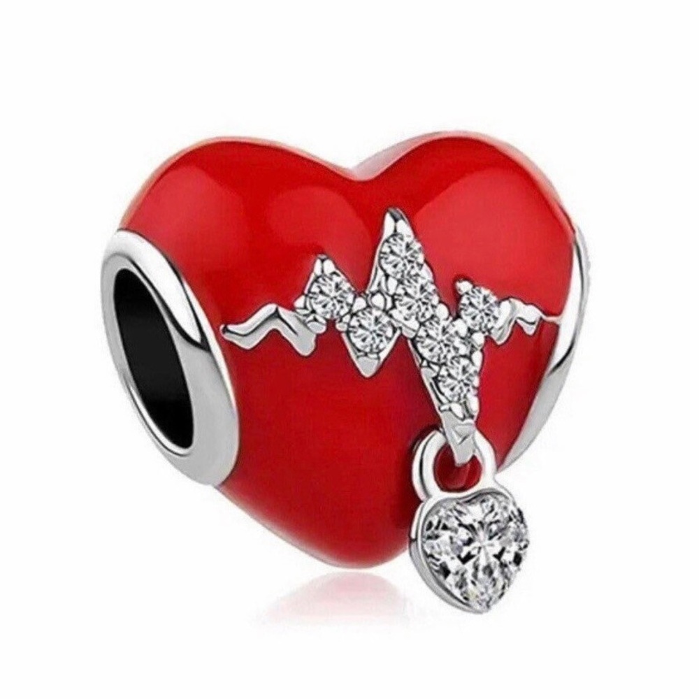 Red Heart Heartbeat Charm, S925 Silver Stamped Dangle Charm for Pandora Bracelet